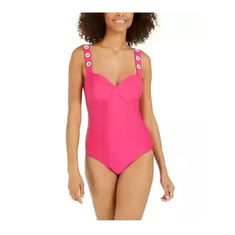 DKNY Plunge One Piece Swimsuit 8 NWT Pink Resort Vacation Slimming Summer Swim - Picture 3 of 16